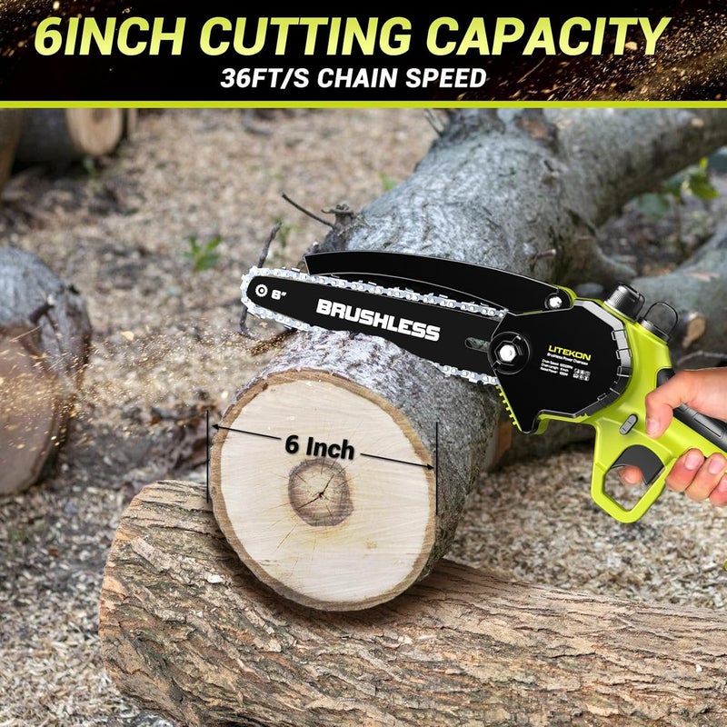 LITEKON Brushless Mini Chainsaw with 1000W High Power Motor, 36 FT/S 6Inch Cordless Power Chainsaw with Auto-Oil System, 2025 Upgraded 20V Electric Chain Saw with 2x2000mAh Battery & Quick Charger, 3 Chains - Image 3